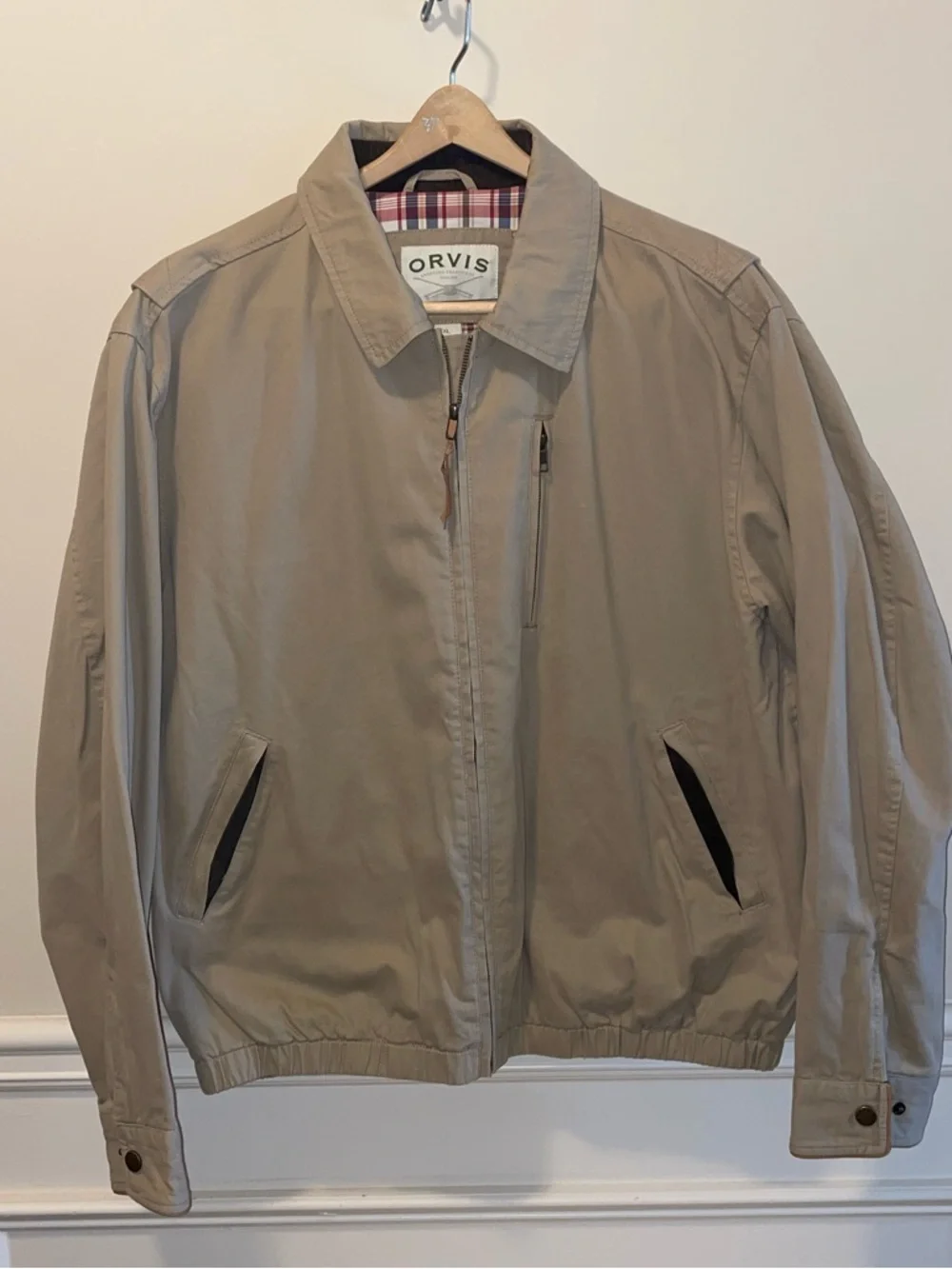 Orvis Tan Cotton Jacket with Red & Navy Plaid Lining - Picture 2 of 13